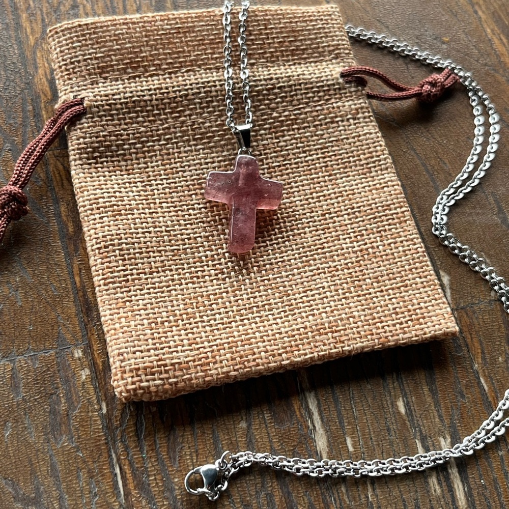 Strawberry Quartz Cross Necklace Quartz Necklace Genuine Crystal Necklace - Picture 3 of 3